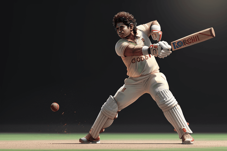 AI generated: Sachin Tendulkar as Lord Hanuman hitting the cricket ball out of boundary, Hyper realistic, Octane r...