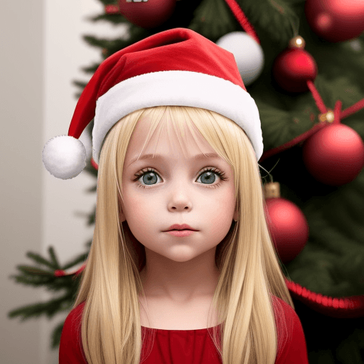 AI generated: a 5-year-old blonde girl in full growth in a New Year's cap stands next to the Christmas tree. She's...