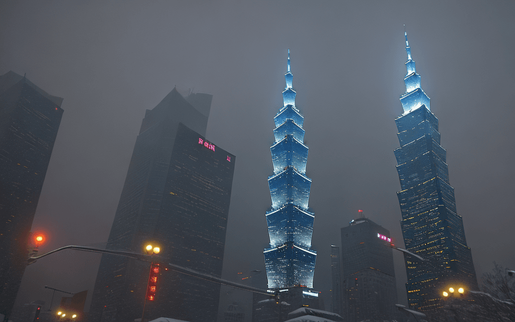 AI generated: snow storm weather, Taipei 101 