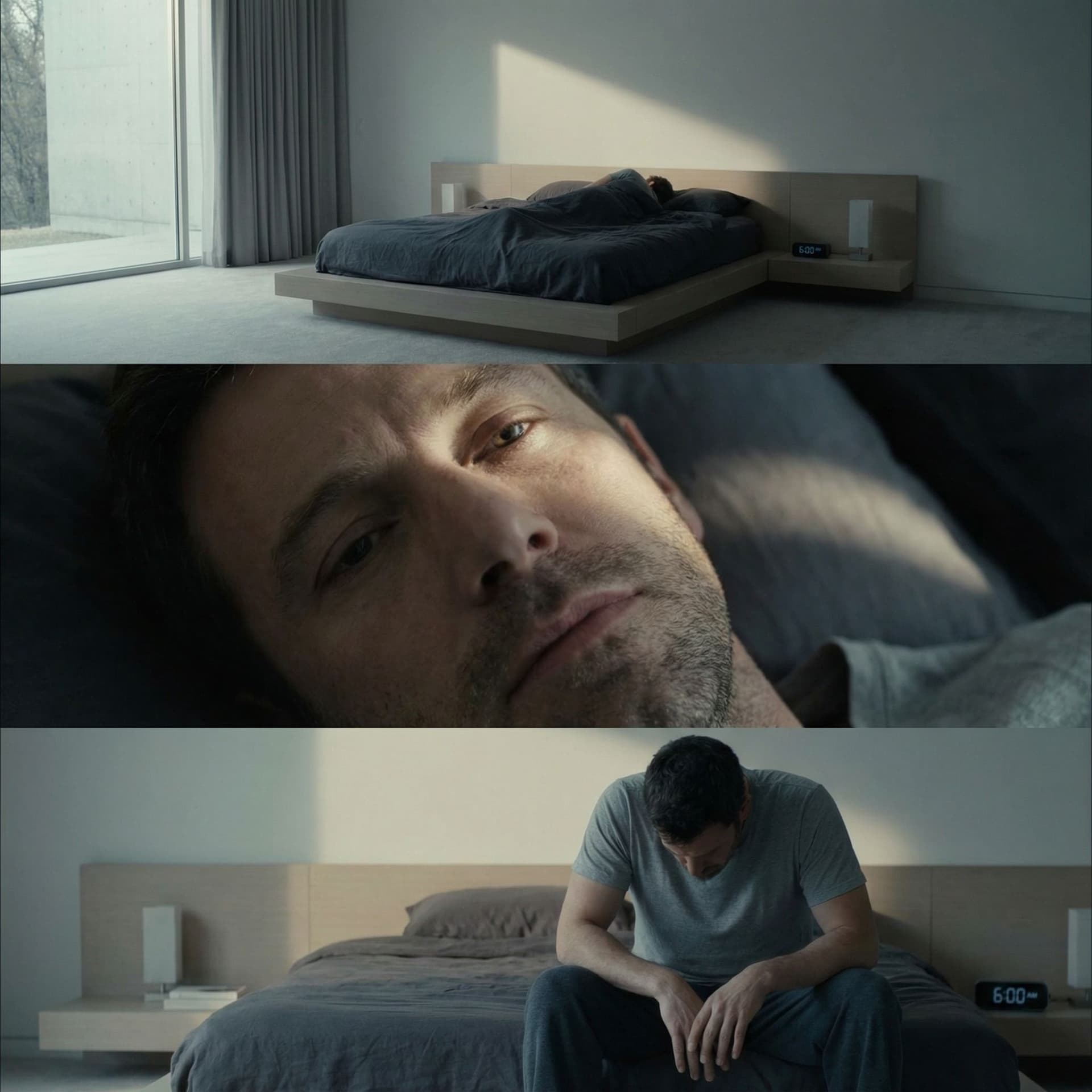AI generated: Morning – Bedroom
The film starts in silence. Early morning light.
The man wakes up in a large moder...