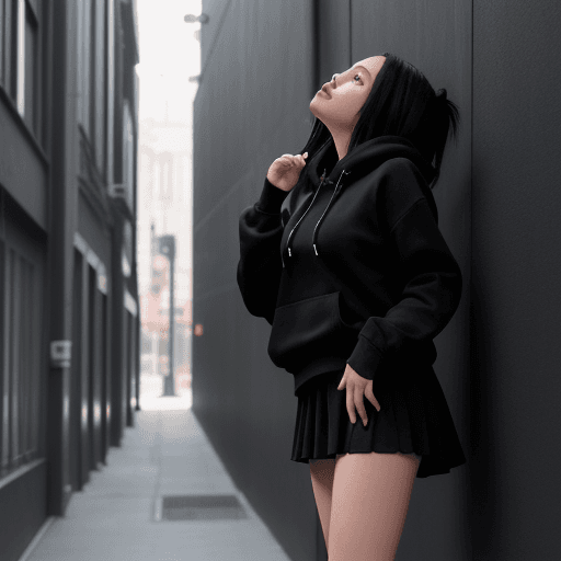 AI generated: Girl in black hoodie, black skirt, and black socks. She's looking up.
