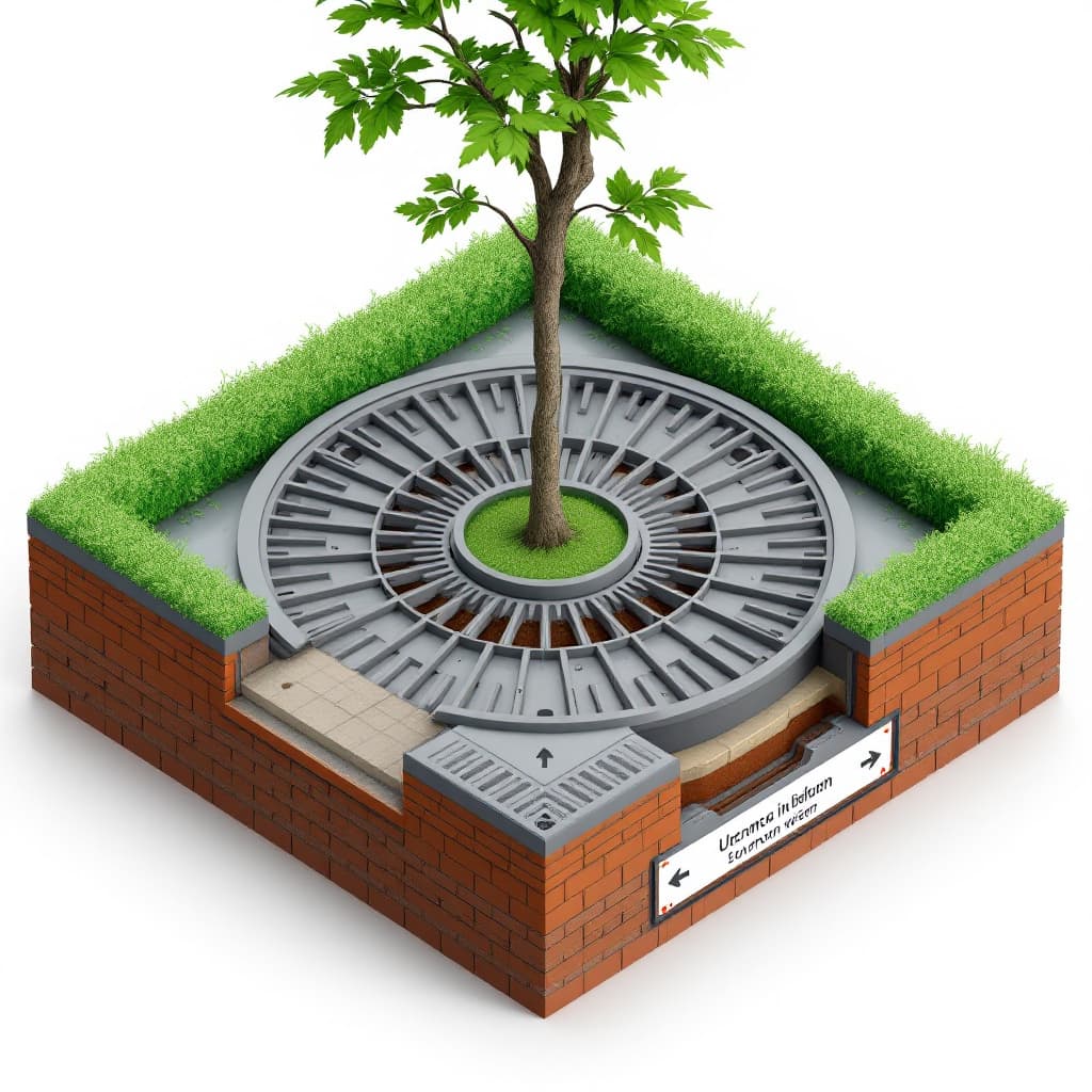 AI generated: A modular urban tree protection grate made from recycled plastic, composed of 4 to 6 interlocking fl...