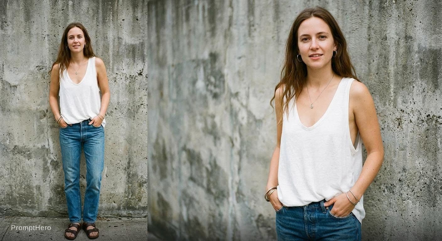 AI generated: A woman with long brunette hair and fair skin is captured in a candid moment. She's wearing a very l...