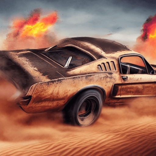 AI generated: A retro poster of a post apocalyptic dystopian universe, of a mustang style muscle car, extreme colo...