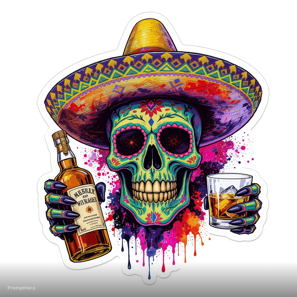 AI generated: A unique Mexican sugar skull smiling warmly, wearing a highly detailed festive sombrero hat, holding...