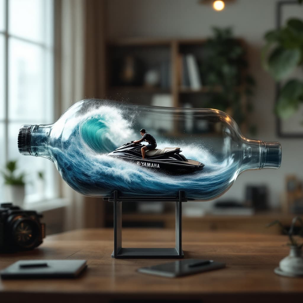 AI generated: A realistic ship in a bottle, featuring a black Yamaha 3 seat jet ski jumping a big wave. The scene ...