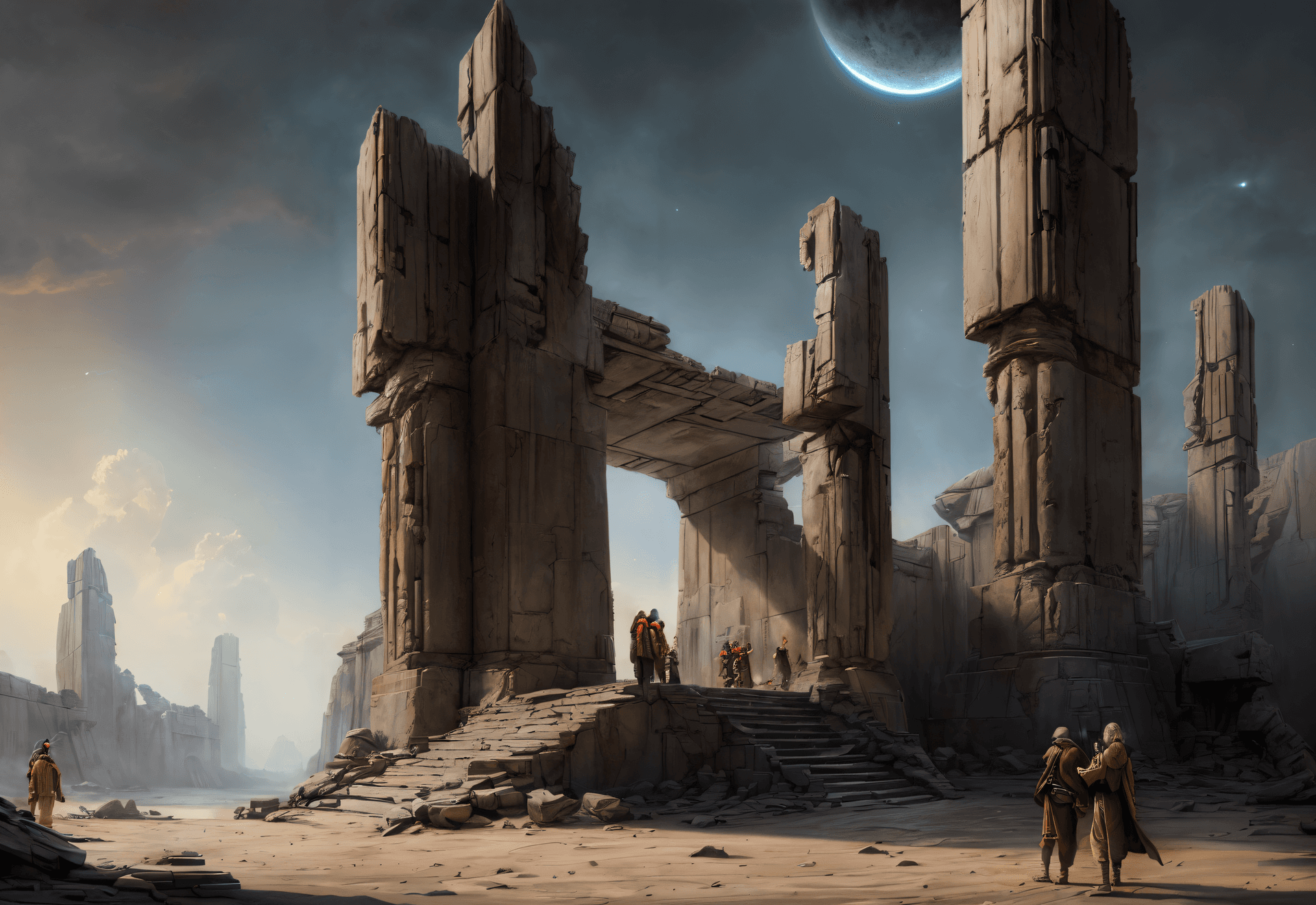 AI generated: (Masterpiece award winning Illustration, Best quality:1.2) Style of Ralph Angus McQuarrie, Ruins of ...