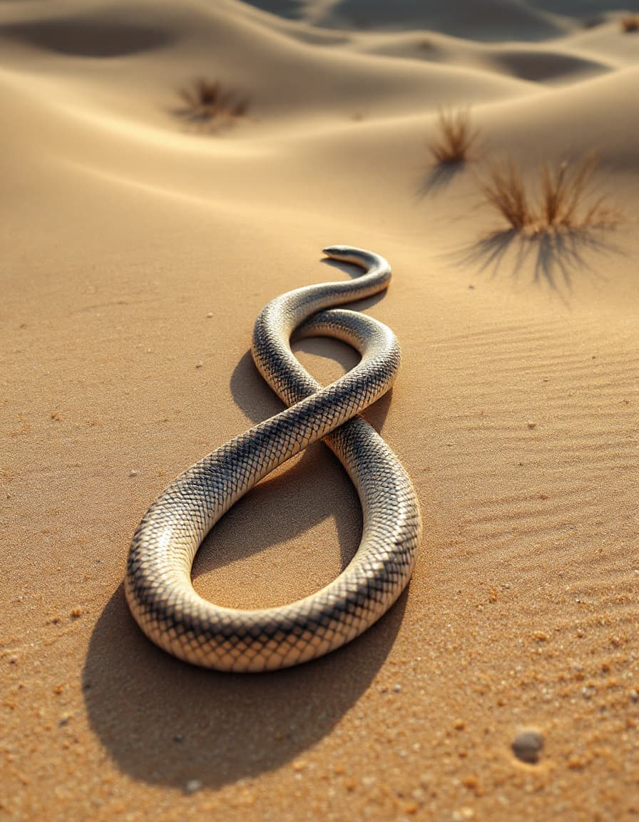 AI generated: two rattle snakes on the smooth desert floor entwine themselves to create a perfect shape of a doubl...