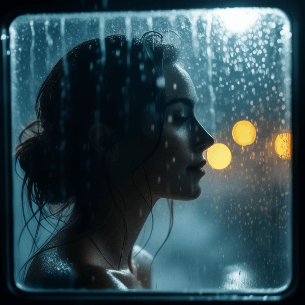 AI generated:  face, woman, in winter, rain, night, moon, cinematic film still a woman's body is shown through a (...