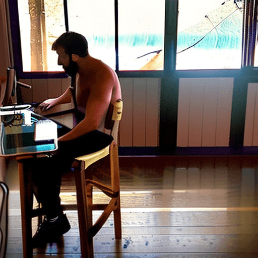 AI generated: Digital nomad working on a bar, on a glass table, wood chair, table for 1, near a bear