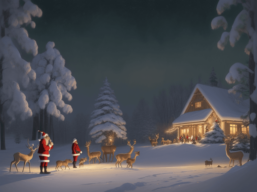 AI generated: A beautiful oil paint with Santa and the deers, very happy scene of christmas night in the north pol...