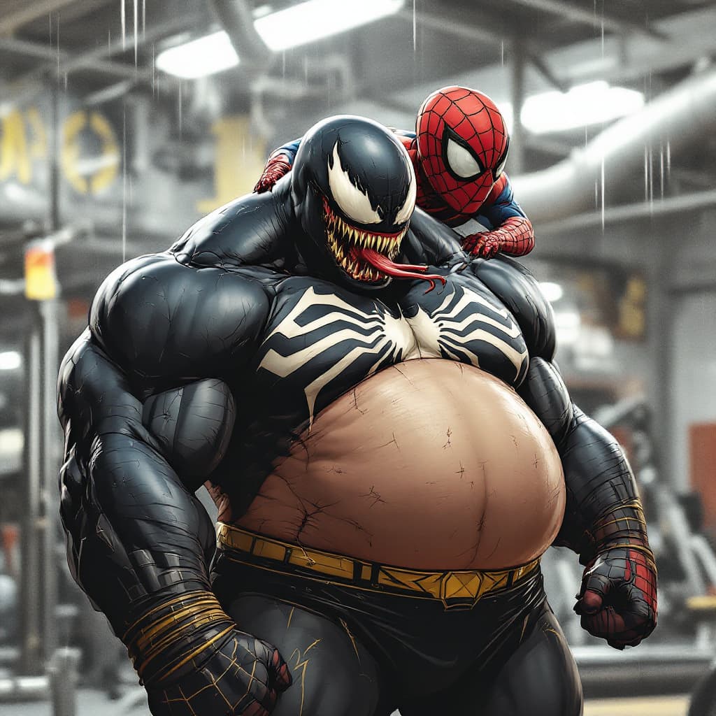 AI generated: fat venom/superman/spiderman in the gym
