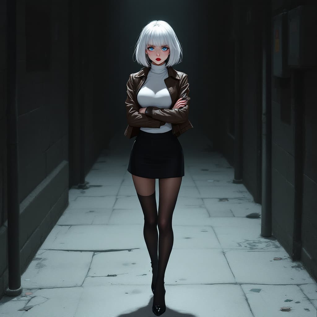 AI generated: anime, woman, white hair, bob cut, blue eyes, freckles, red lips, white turtle neck sweater, tight t...