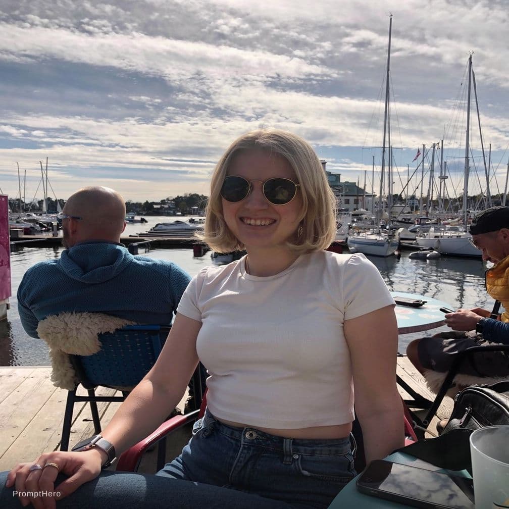 AI generated:  beautiful blonde in cropped top. without cardigan. Unbuttoned jeans