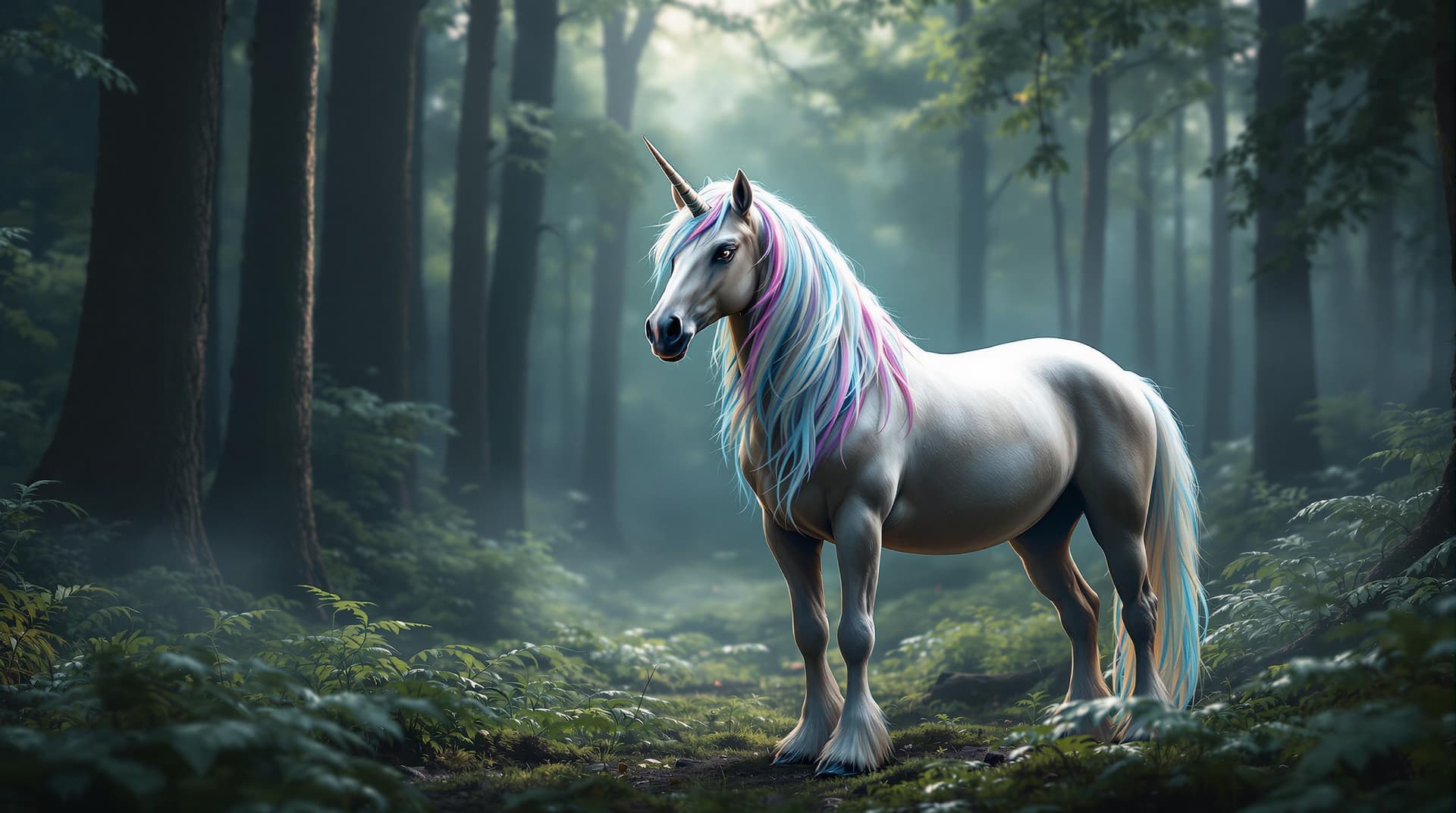 AI generated: a majestic unicorn standing in a serene and mystical forest, its ethereal beauty illuminated by the ...