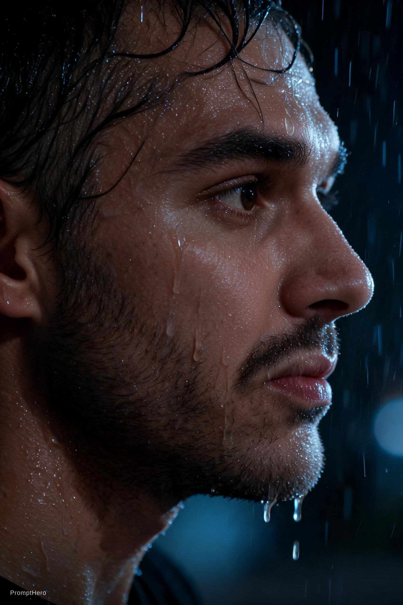 AI generated: A cinematic close-up face portrait showing only the face and neck of a me in profile standing in the...