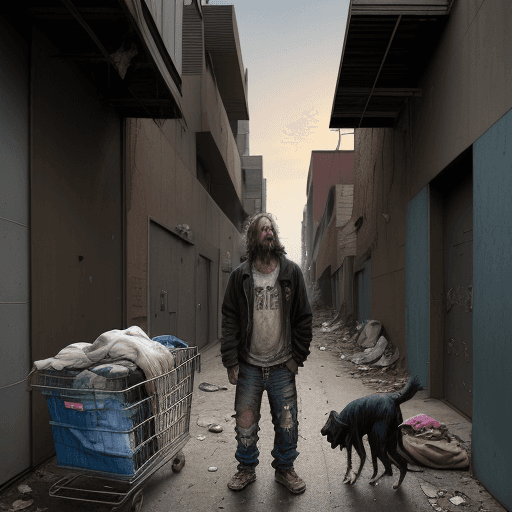 AI generated: An image showing a homeless man standing in an alley, looking up at the sky and appearing to ask God...