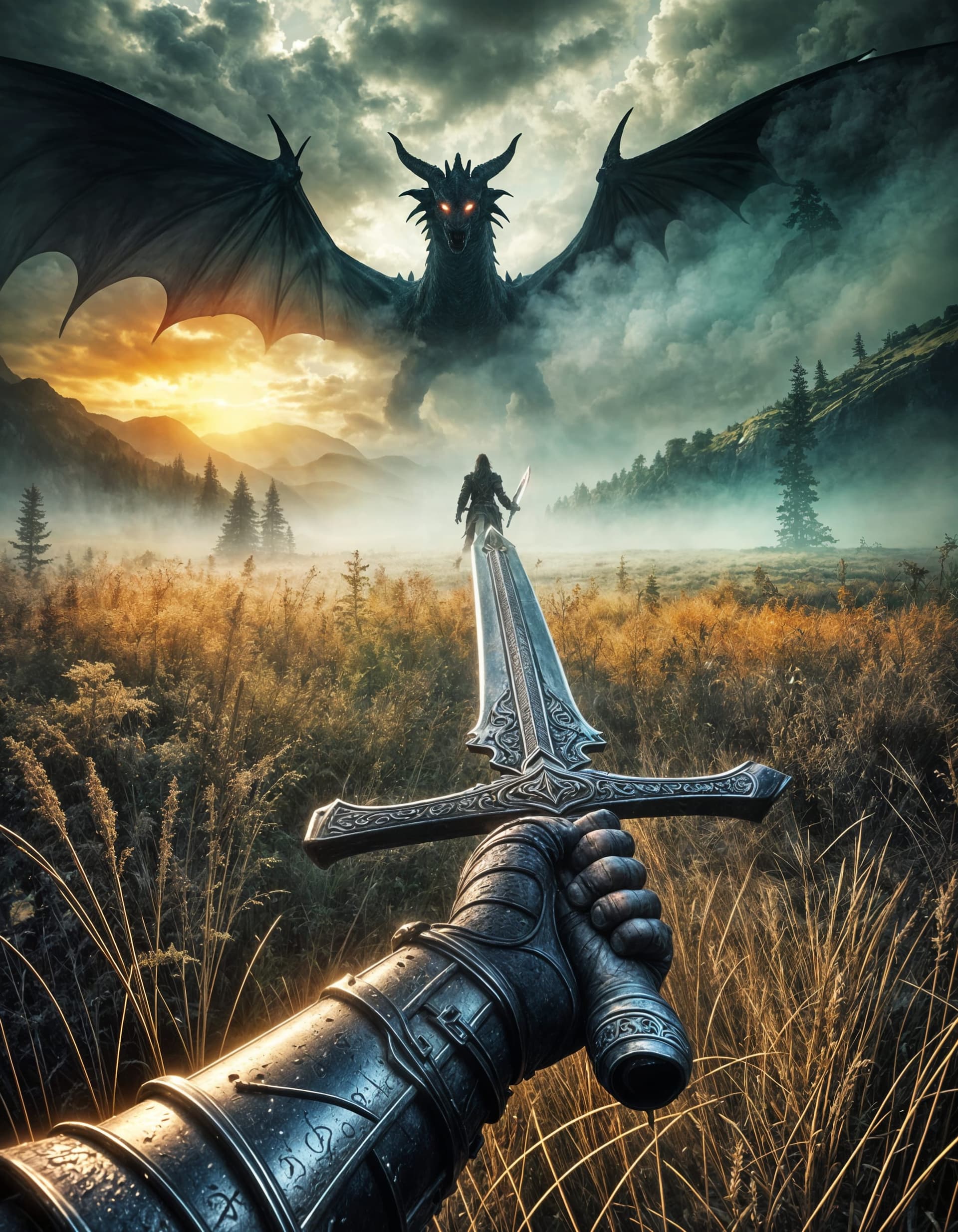 AI generated: A hyper-realistic first-person view of a warrior gripping a rune-etched, battle-worn sword, stepping...
