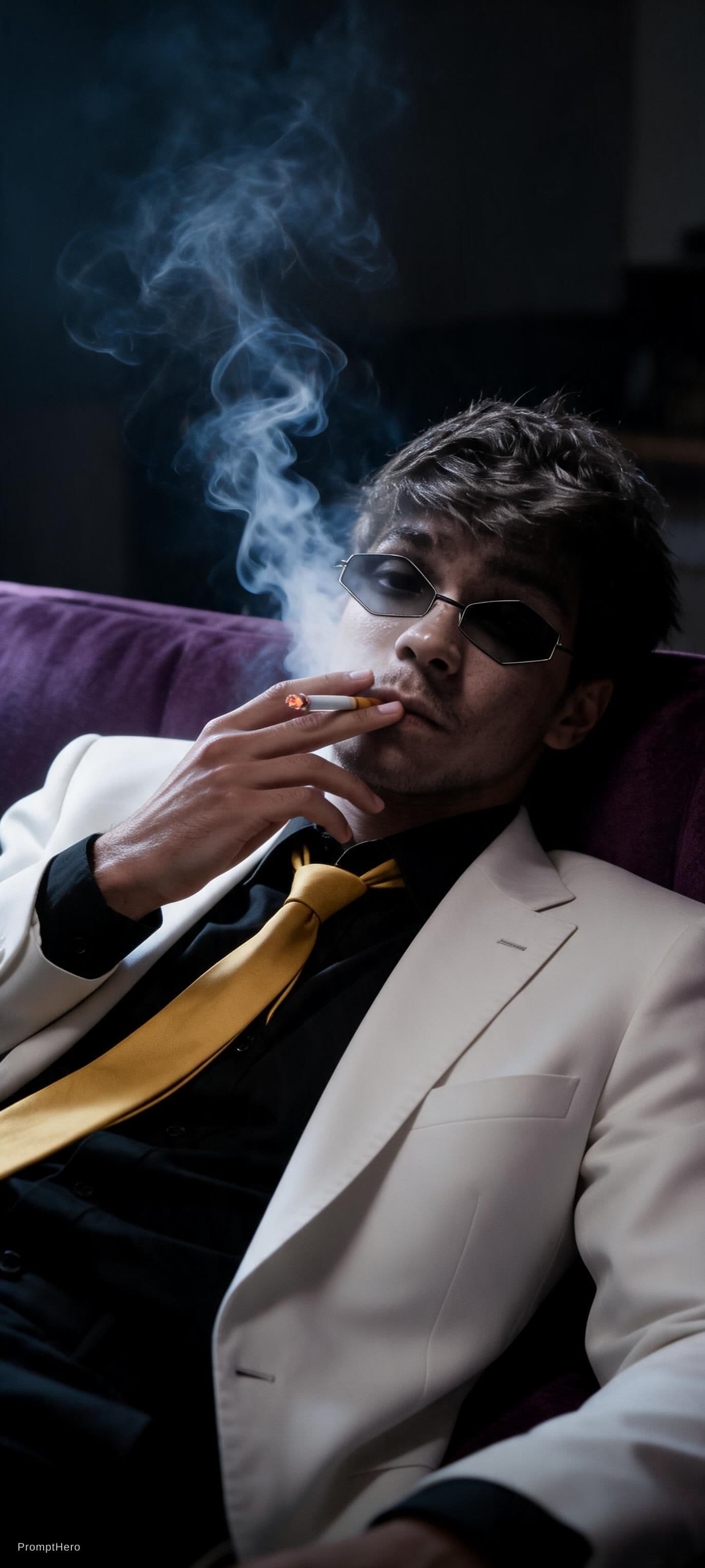 AI generated: snapshot, dimly lit room with a hazy atmosphere, capturing a man model lounging on a deep purple col...
