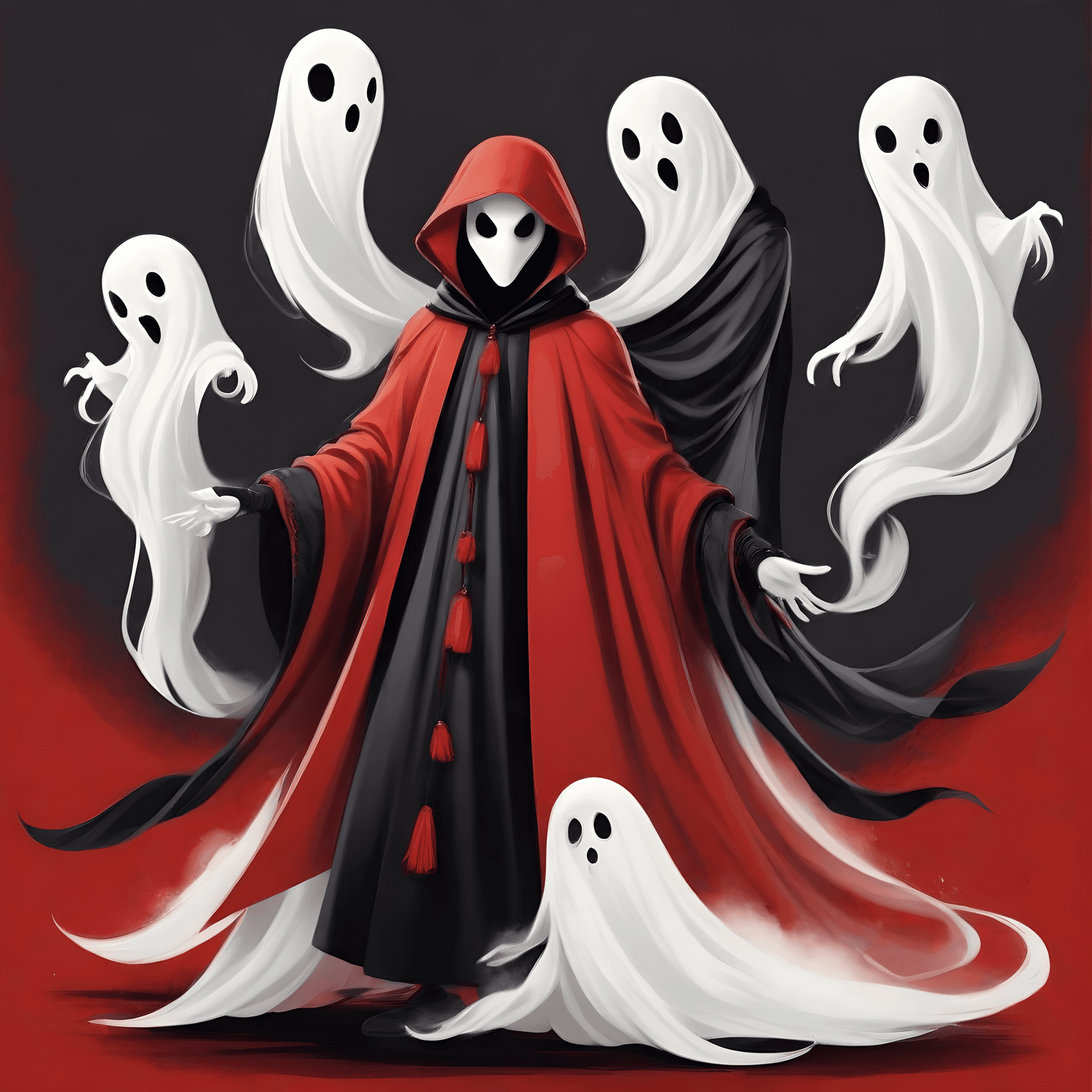AI generated: Ghosts, Digital illustration, Modern era, Primarily red and black with white accents.

