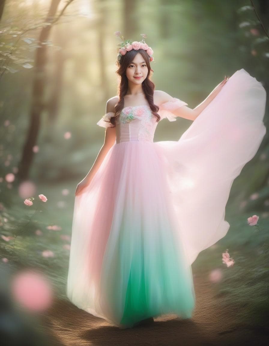 AI generated: Waist up, whimsical fairy costume, ethereal pastel clothing, soft pink flowing dress, waist-length p...