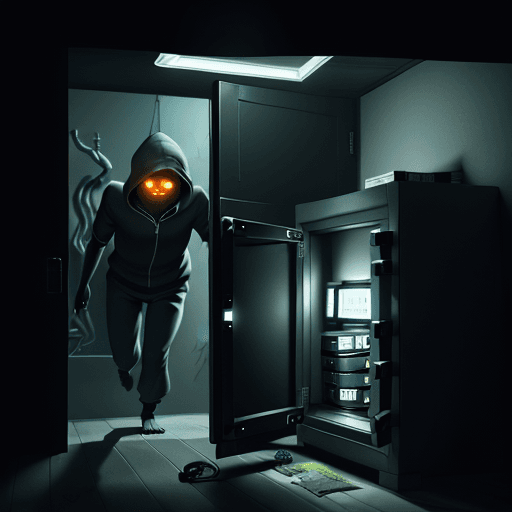 AI generated: Photo of a thief hacking int oa safe, inside the safe is a frontal anatomically correct view of an o...