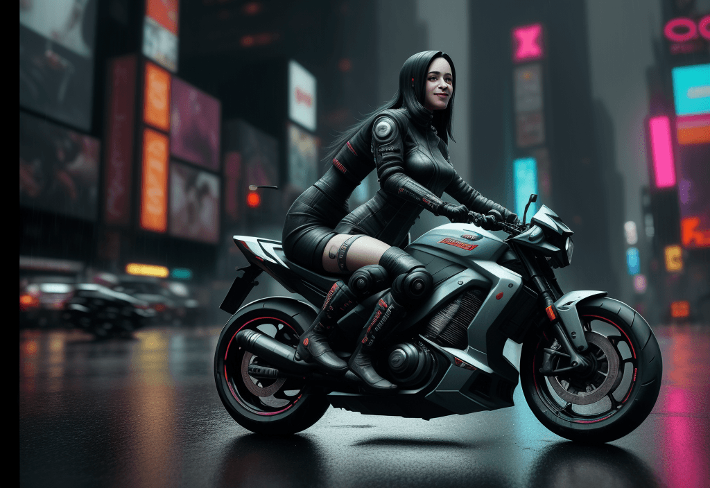 AI generated: a cyberpunk girl, riding a motorbike in a rainy weather, in new york streets, realistic, 3d, UHD, 4K...