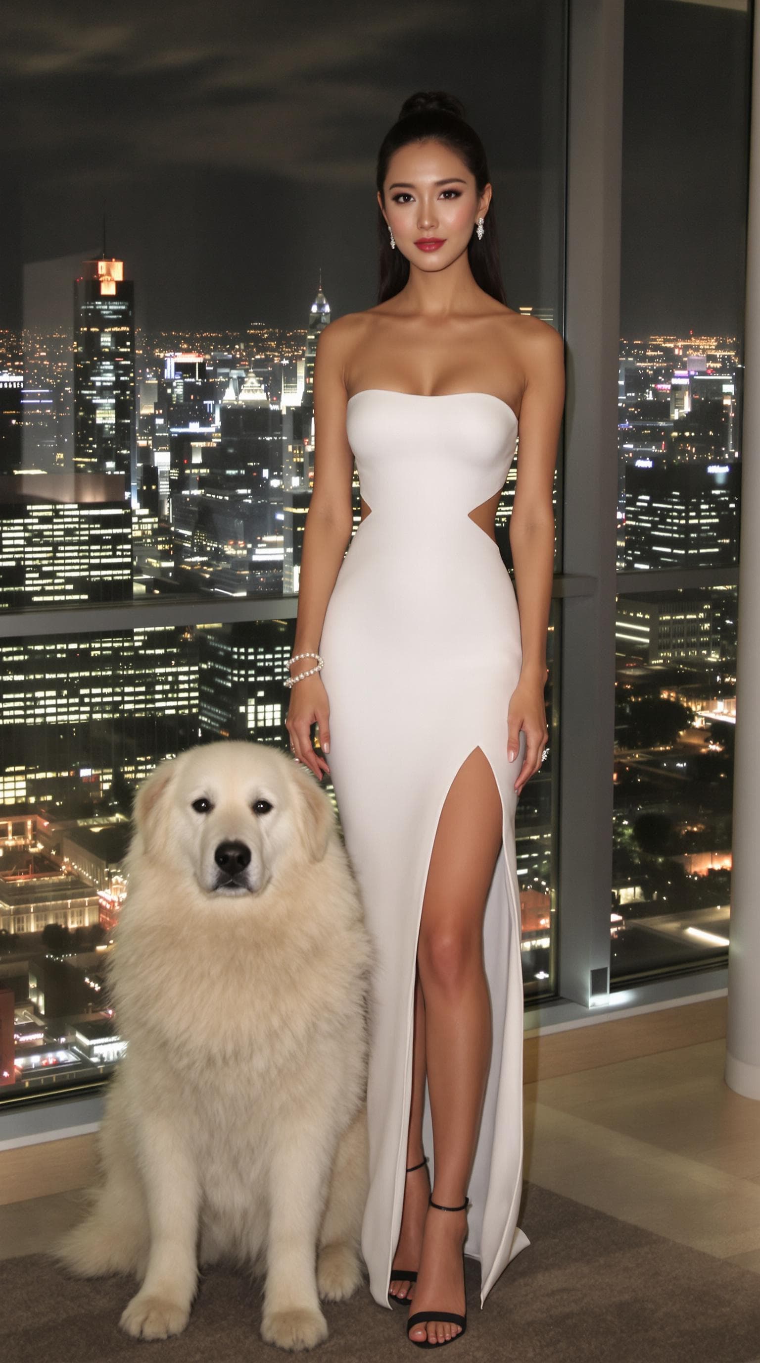 AI generated: 
A tall, confident Korean woman with fair skin and a captivating presence stands against a luxurious...