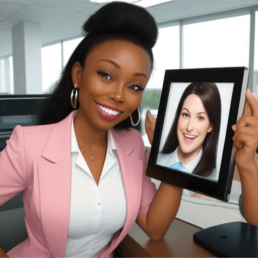 AI generated: Sales representative from the 80 , with a smile and maje a funny face