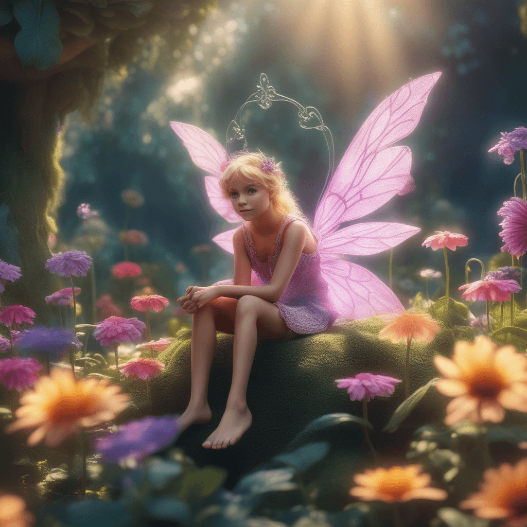 AI generated: (tiny:1.2) pixie fairy with wings in a flower garden barefoot sitting on a (giant flower:1.3) bright...