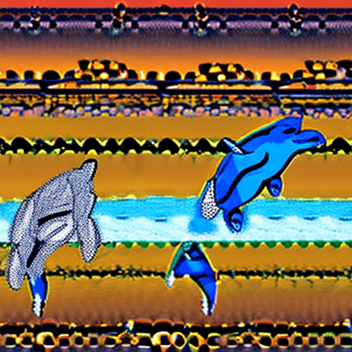 AI generated: Cartoon image, dolphin jumping out of water leading a cohesive group of other dolphins, show full im...