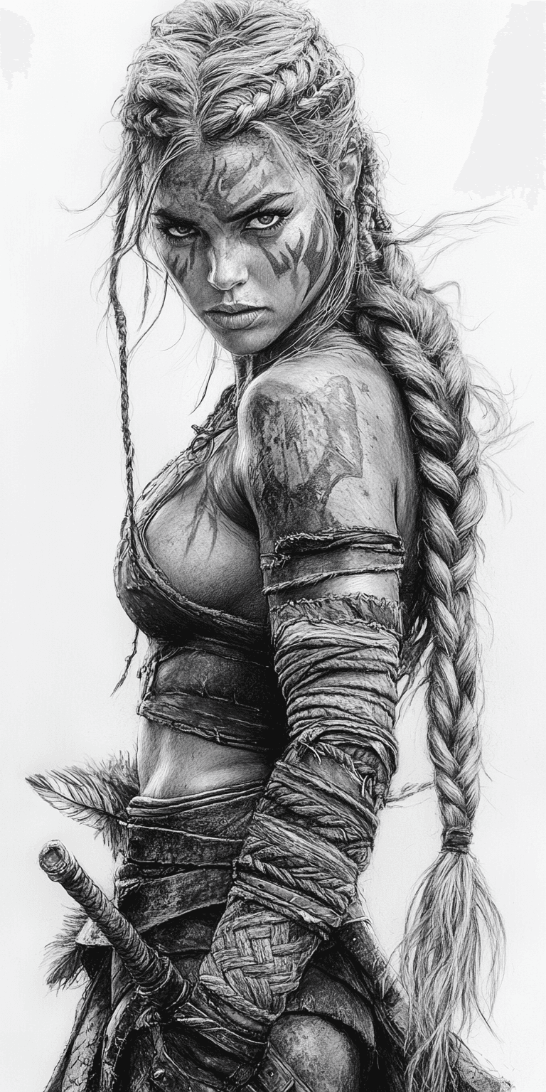 AI generated: black and white drawing of a Viking warrior woman with braided hair, wearing war paint on her face, ...