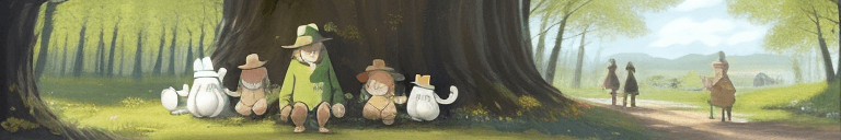 AI generated: multiple, moomin, snufkin, 2boys, outside, sunny
