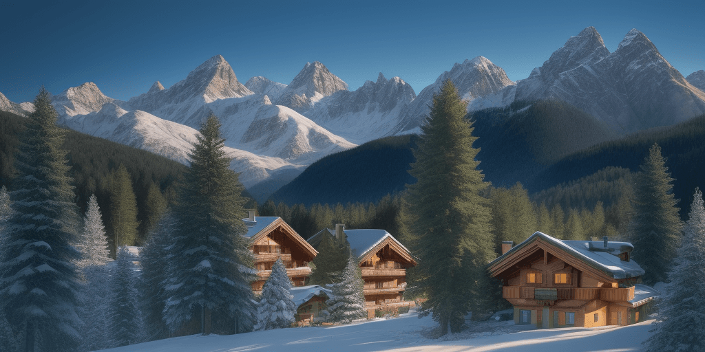 AI generated: hyper-realistic photo of a chalet, snow-capped mountains, green pine trees in the foreground,
