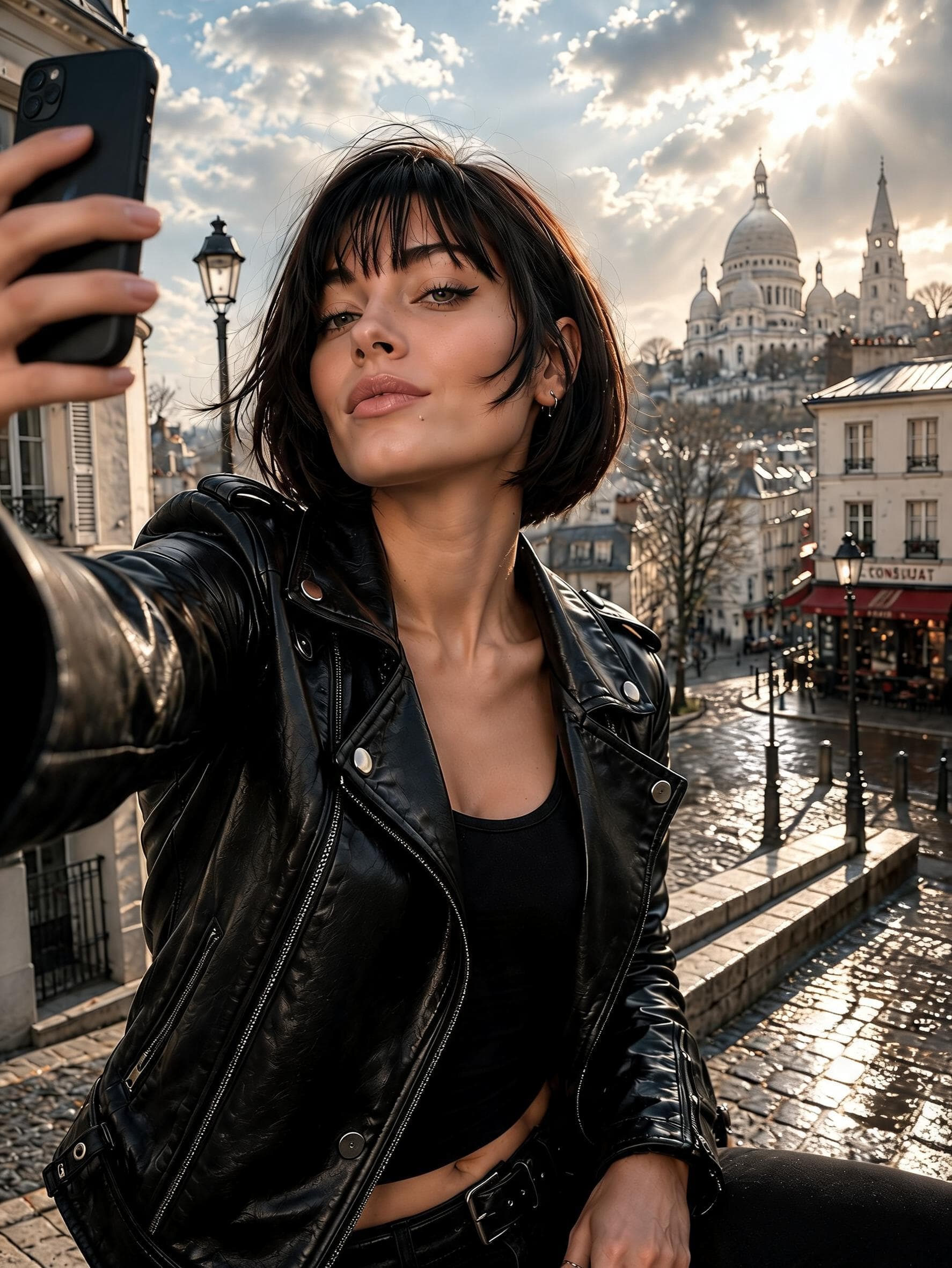 AI generated: Ultra-realistic selfie photo of a stylish European woman in Montmartre, Paris. She has fair skin, wa...