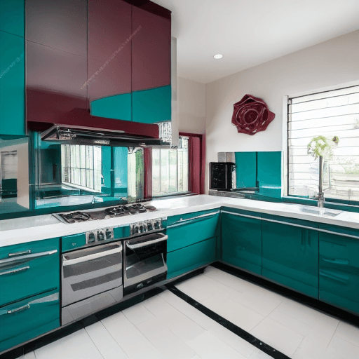 AI generated: Many Kitchen items on the kitchen counter Sharp lens angles light burgundy and teal walls American s...