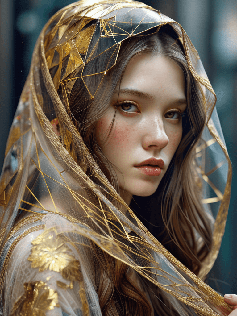 AI generated: 1woman,beautiful,long hair,gold lining,veil,by Minjae Lee,Carne Griffiths,Emily Kell,Steve McCurry,G...