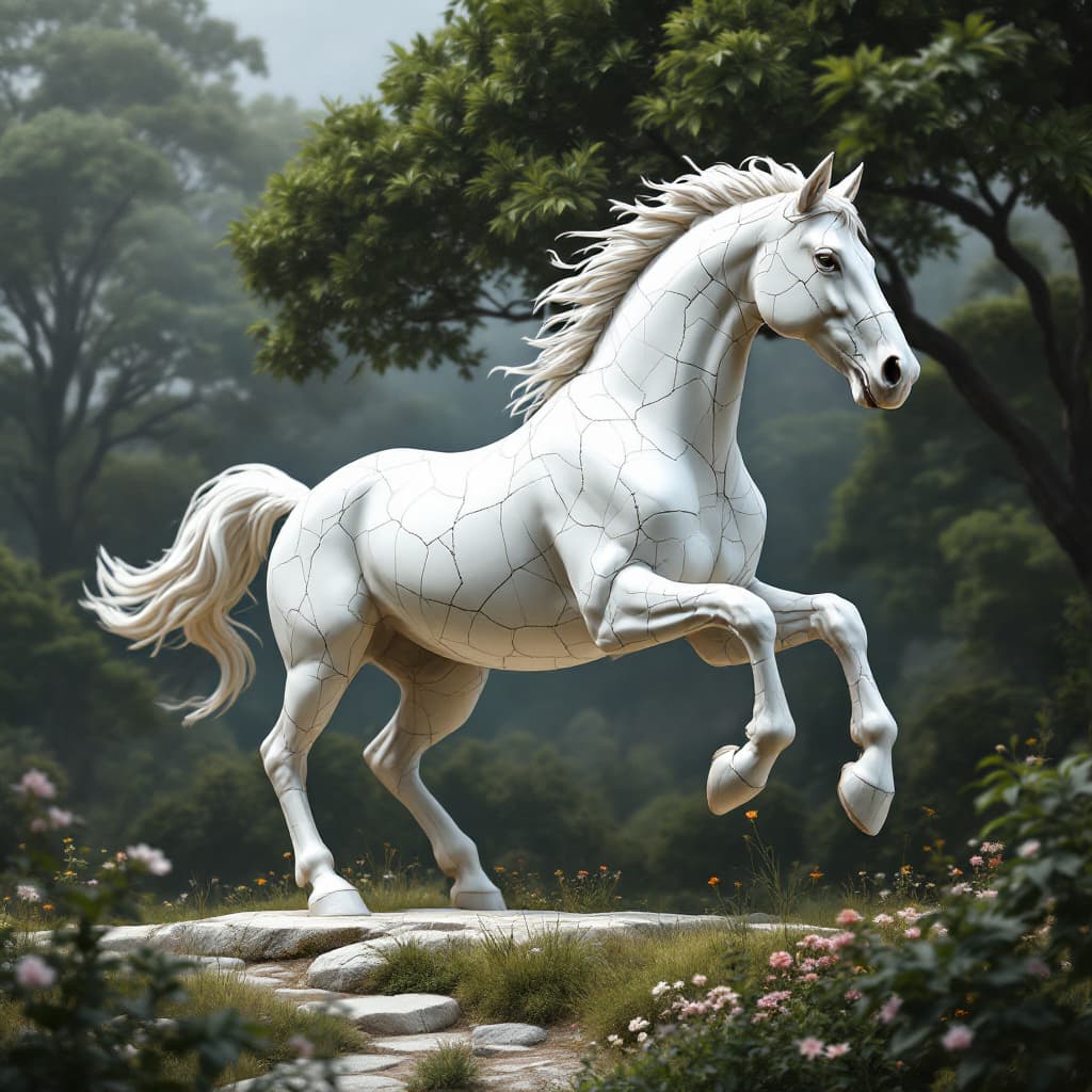 AI generated: hyperealism; A cracked white marble sculpture of a horse running, in a valley of trees and flowers, ...
