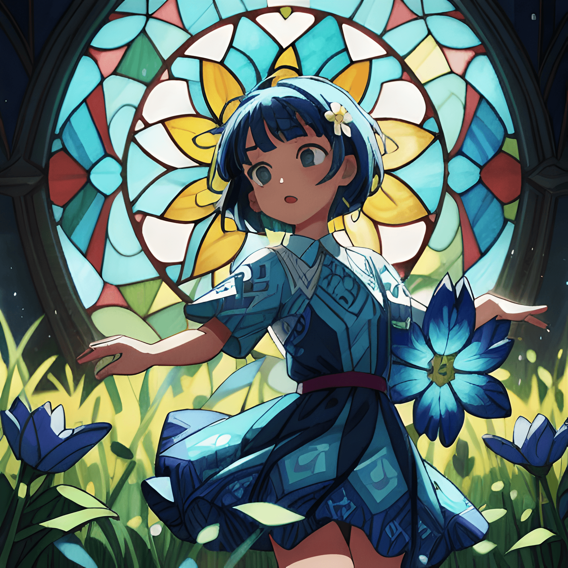 AI generated: a vibrant stained glass art piece of a woman with very short hair dancing in a field of flowers, blu...