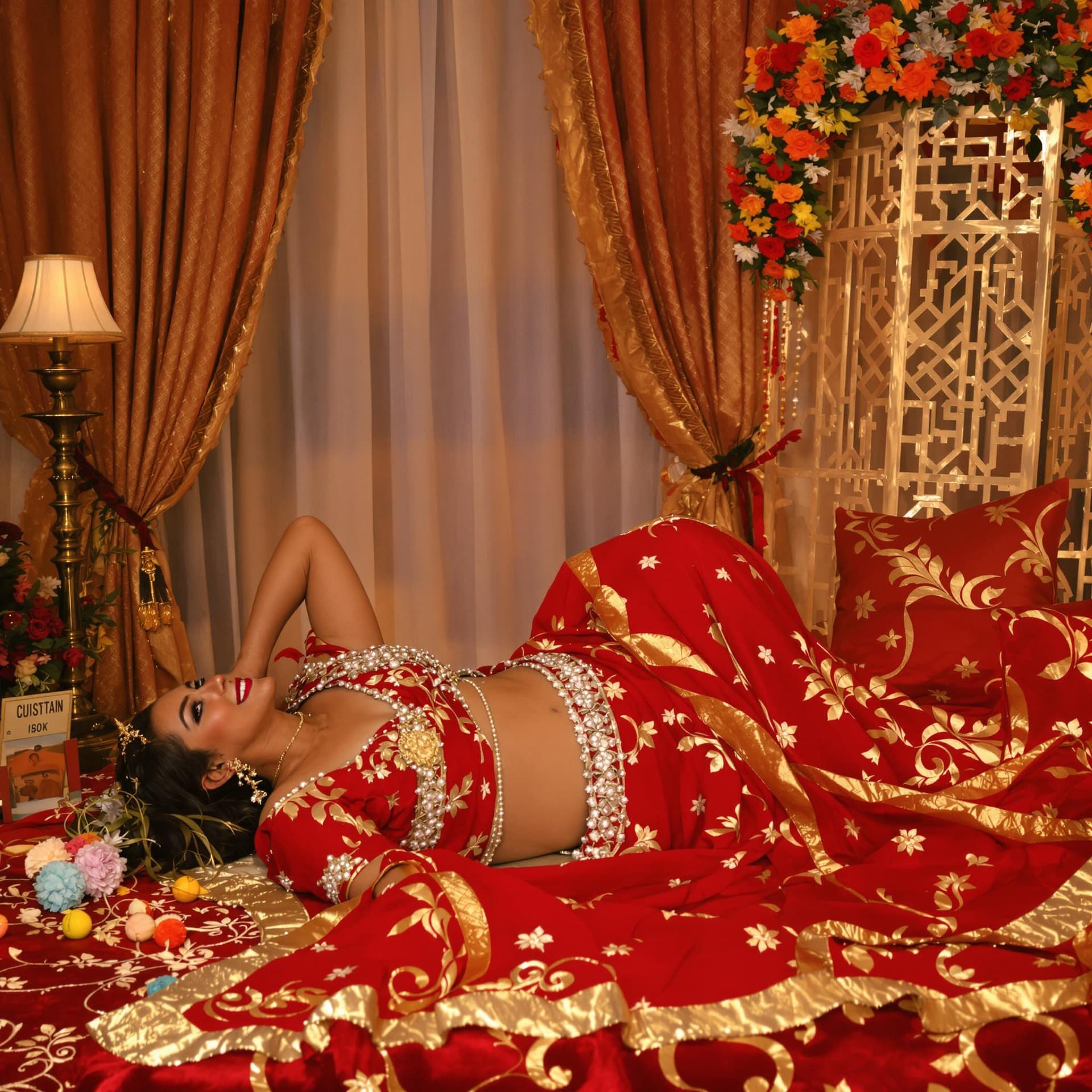 AI generated: a professional photograph of a beautiful young south Indian woman, 24yo, long hair, wearing sexy red...