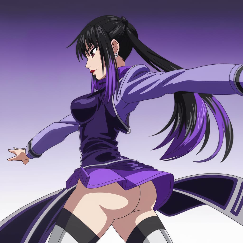 AI generated: Plano medio de Chica, estilo anime, con un perfil lateral. Tiene el pelo largo y negro con mechas mo...