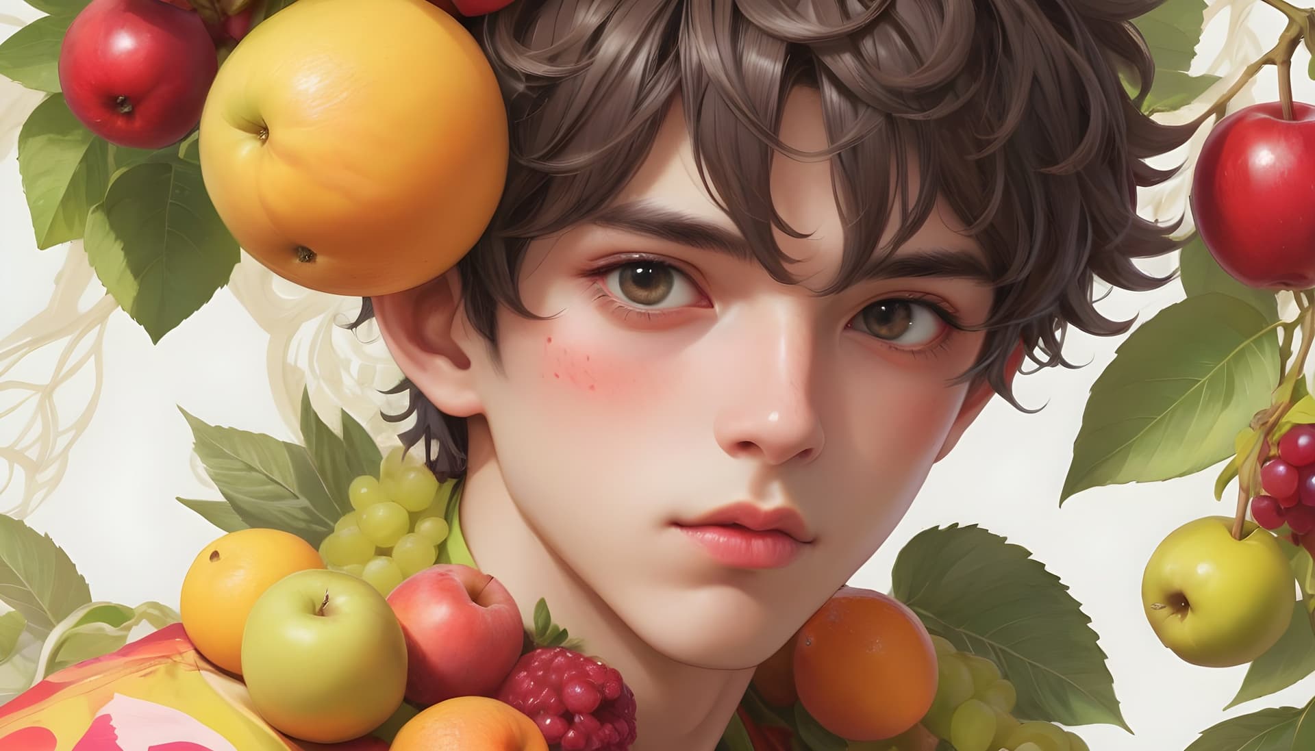 AI generated: This is an image of a boy dressed in fruit.