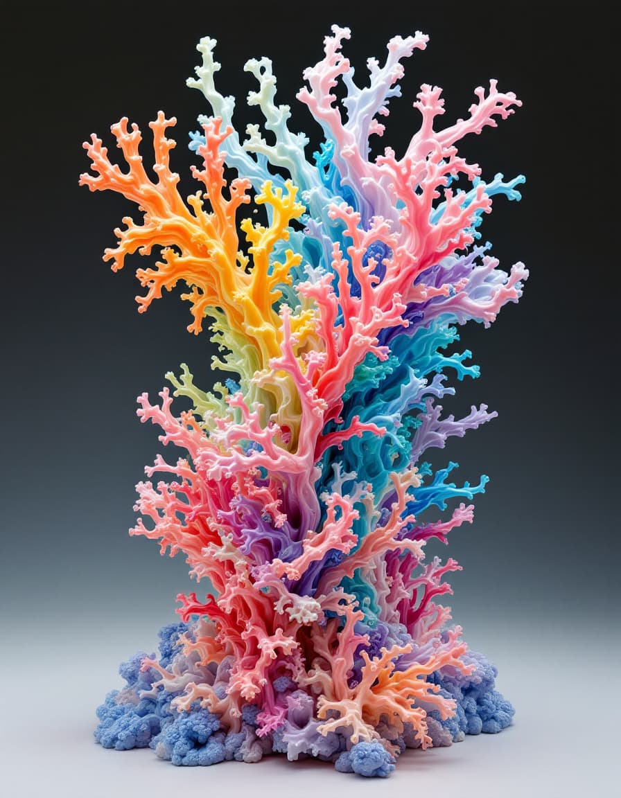 AI generated: liquid sculpture, filled with coral shapes, vibrant colors, unreal

