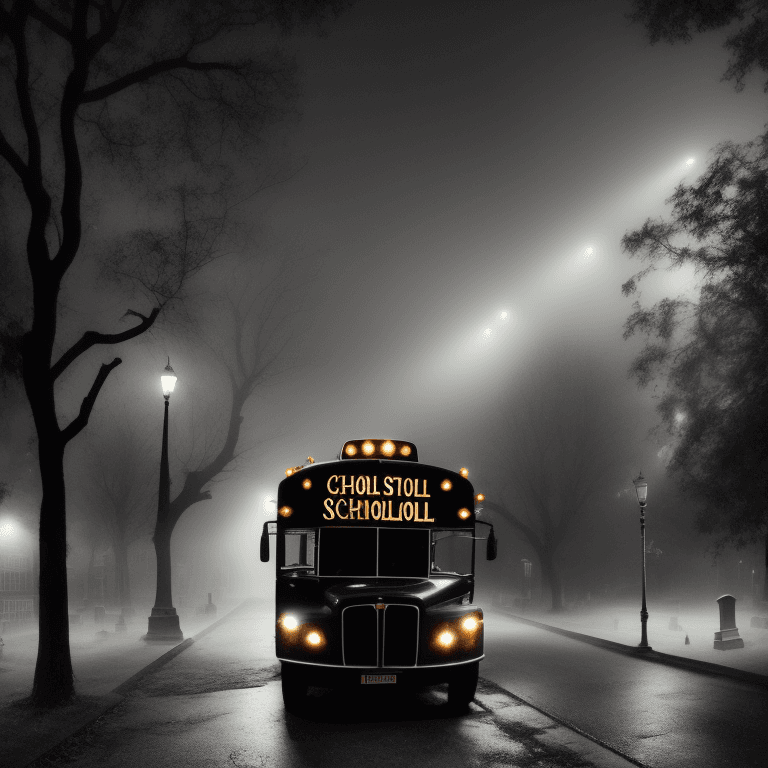AI generated: mid shot view of a beautiful black school bus, Victorian Street, Dark Fairytale Aesthetic, intricate...