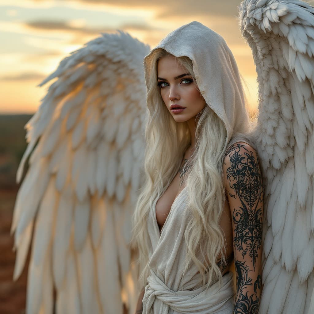 AI generated: A female figure with very long blond white hair, angelic features, a side view, and full body, stand...