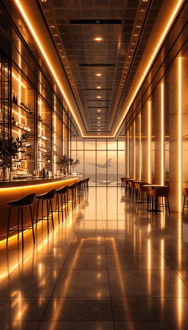 AI generated: a bar in an airport that is lit up with white lights, in the style of precisionist lines and shapes,...