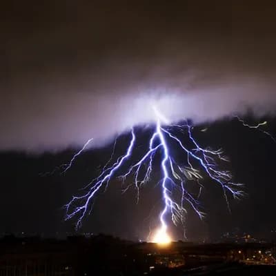 AI generated video: "Create a realistic image of a single lightning strike cutting through a dark, stormy sky. Include d...