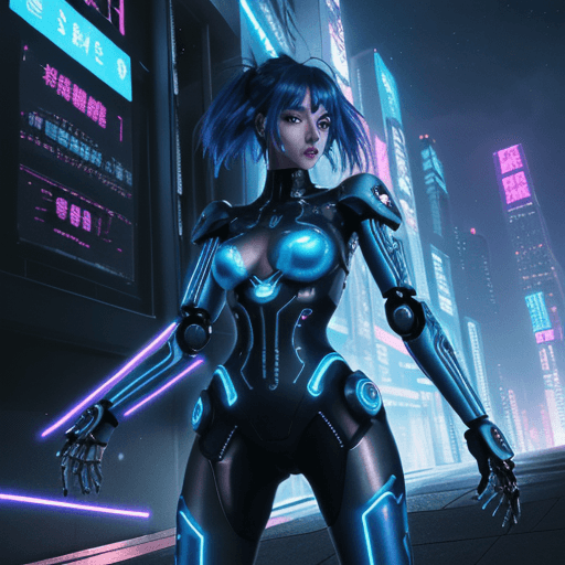 AI generated: A cyberpunk anime illustration of a beautiful robot shewarrior in a futuristic city street, neon lig...