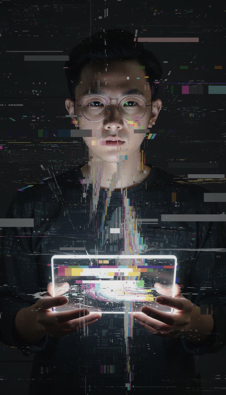 AI generated: Digital Pixel Sorting Art, Distorted Pixels, Abstract Forms, Glitched, Asian Man with neat short bla...