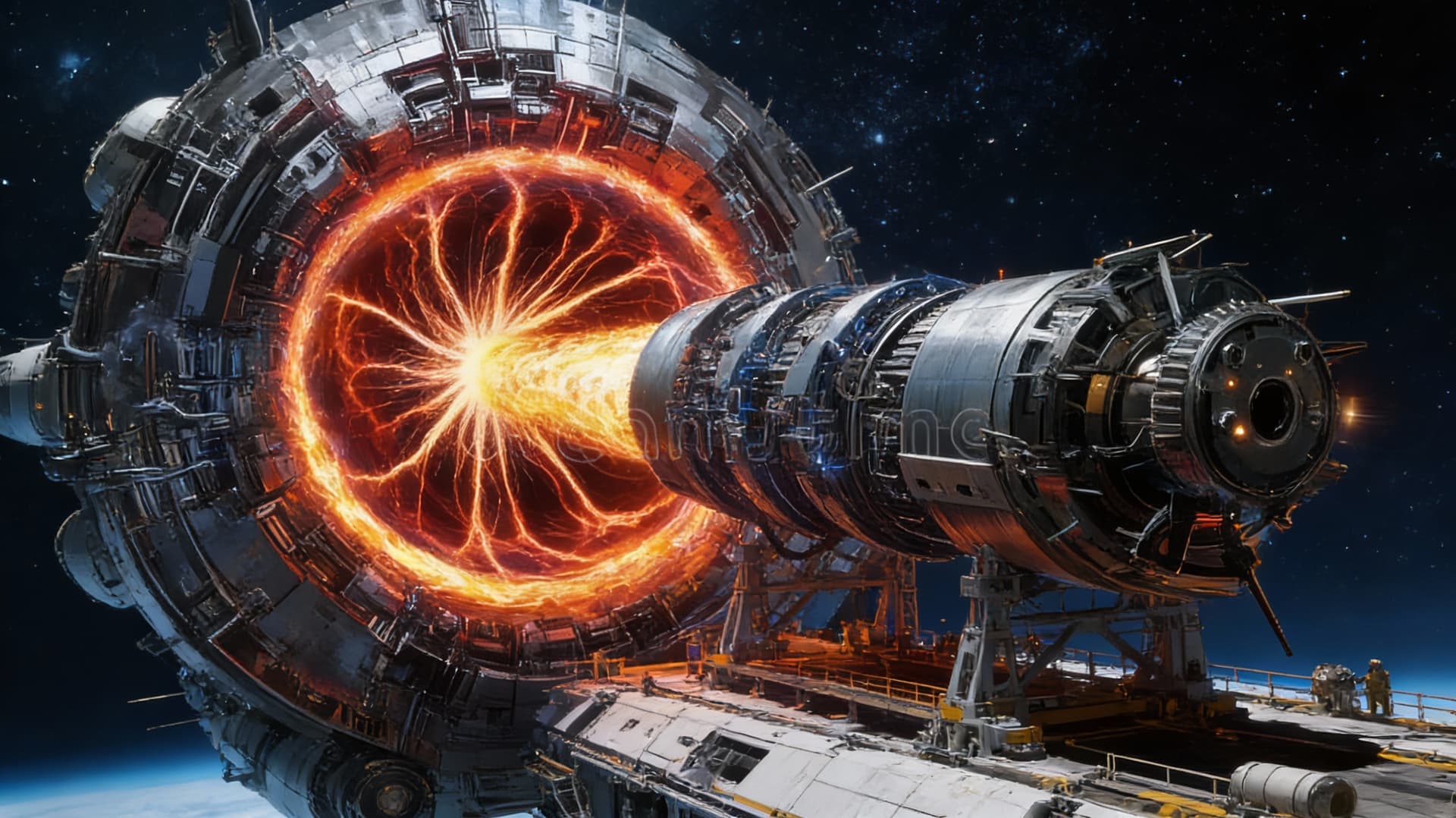 AI generated: Use the Reference Image to reimagine the View of the Futhesis ENGINES installation on any space vess...